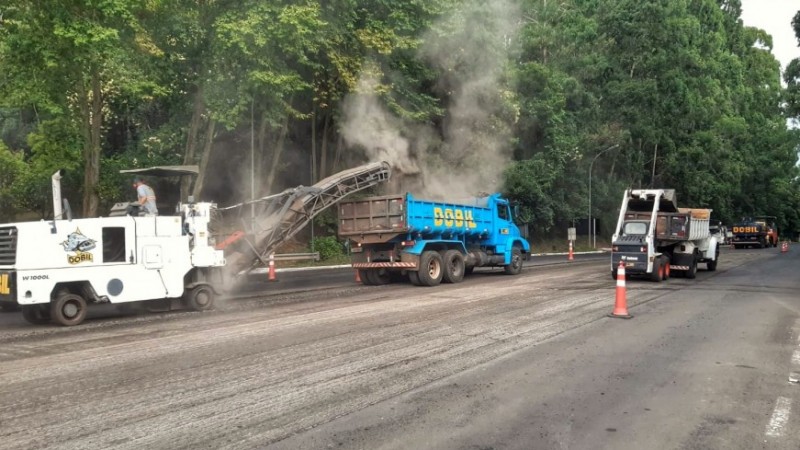 Caminhões e máquinas preparam estrada cercada de árvores para asfaltamento.