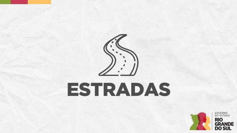 Em um card branco, no meio há um desenho de uma rodovia e a palavra "Estradas" escrito abaixo. No canto inferior direito está o logotipo do Governo do Estado do Rio Grande do Sul.